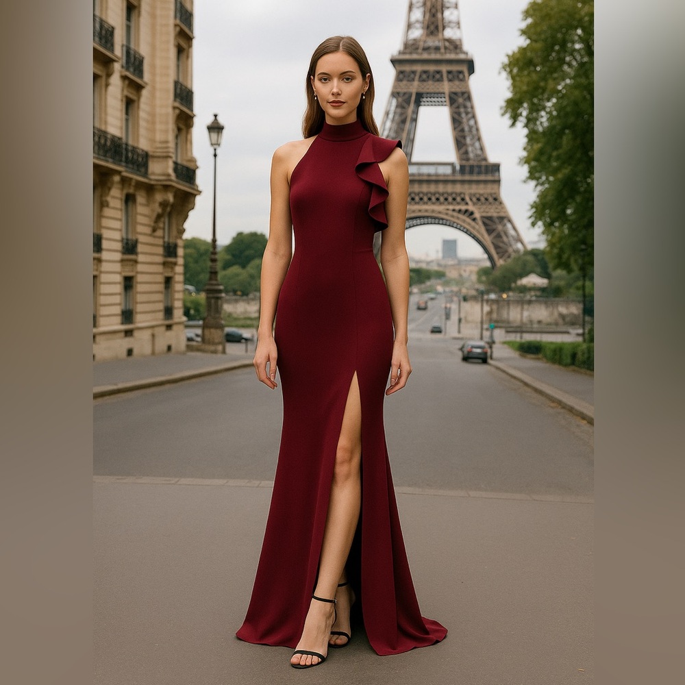 Black Halo Pabla one shoulder ruffled scuba high slit gown Sep sale